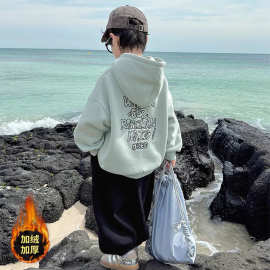 男童冬装长袖卫衣2024新款儿童秋冬季加绒加厚连帽一体绒上衣男孩