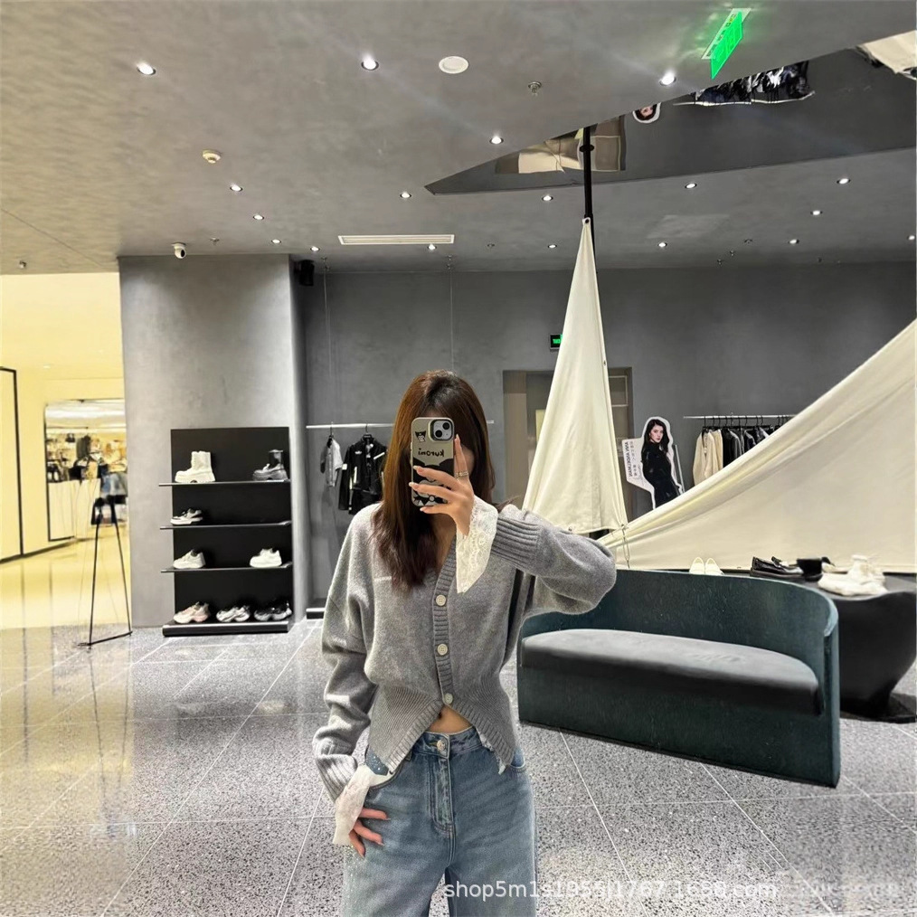 Niche Design Irregular Knitted Cardigan for Women Soft and Waxy Short Lace Splicing Outer Sweater Jacket