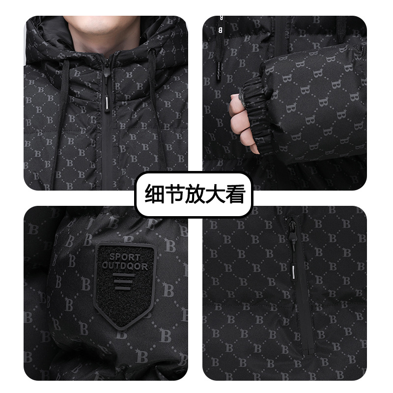 2023 nueva chaqueta acolchada de algodón cálido para hombres de invierno B-word abrigo acolchado de algodón estampado completo chaqueta acolchada de algodón con capucha engrosada para jóvenes ventas directas de fábrica