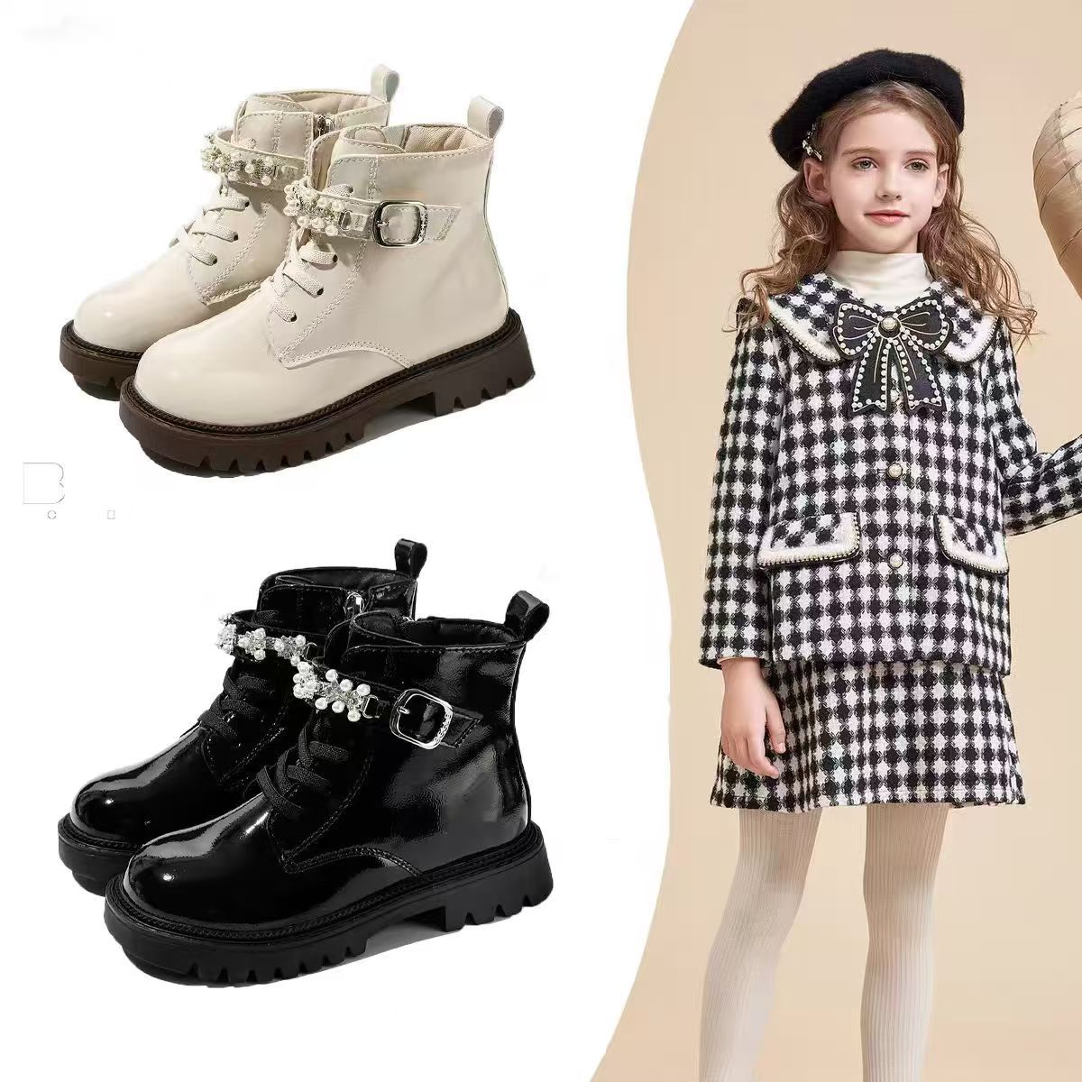 Girls' Boots 2025 Autumn and Winter Fleece-Lined New Kidsren's Fashion Korean Boots Girls' Patent Leather Glossy Leather Boots