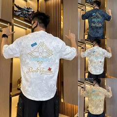 夏半袖カーブヘムメンズ Tシャツ夏の新しいレタールーズオールマッチカジュアルトレンドタキシード