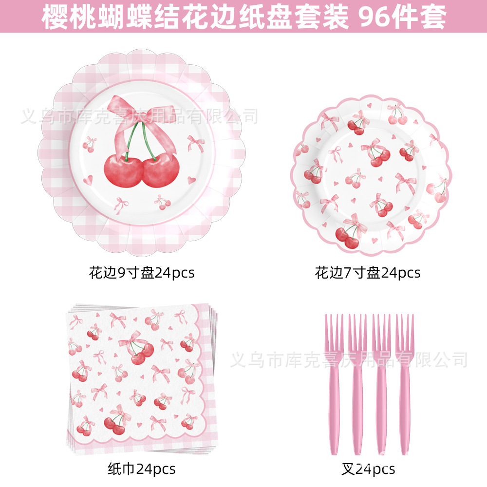 Nuevo arco de cereza tema decoración de fiesta de cumpleaños de niños bandeja de papel tazas de papel toallas de papel set de cubiertos