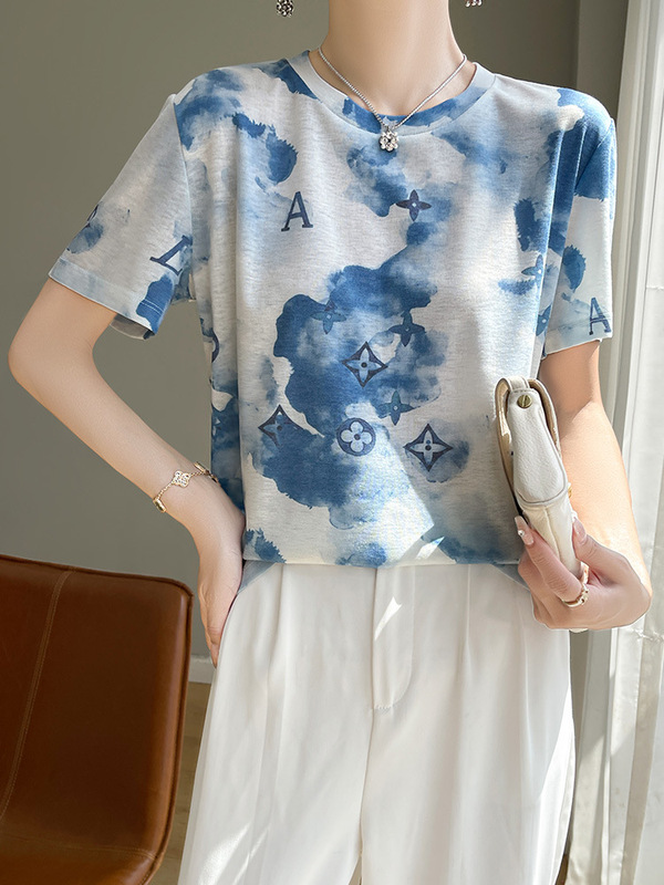 Designed Colorfulful Tie-Dye Graffiti Water-Soluble Tencel Short-Sleeved T-Shirt Women's Round Neck Thin Loose Knitwear Top