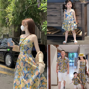 New Holiday Style Floral Spaghetti Strap Dress Oil Painting Style Dress Parent-Child Outfit Summer Waist-Slimming A-Line Dress with Pockets