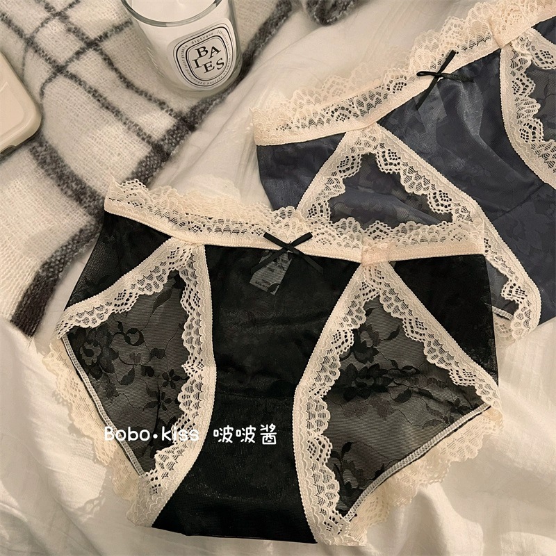 French-style sexy high slit lace underwear for girls sweet pure low waist hip-wrapped cotton crotch women's briefs