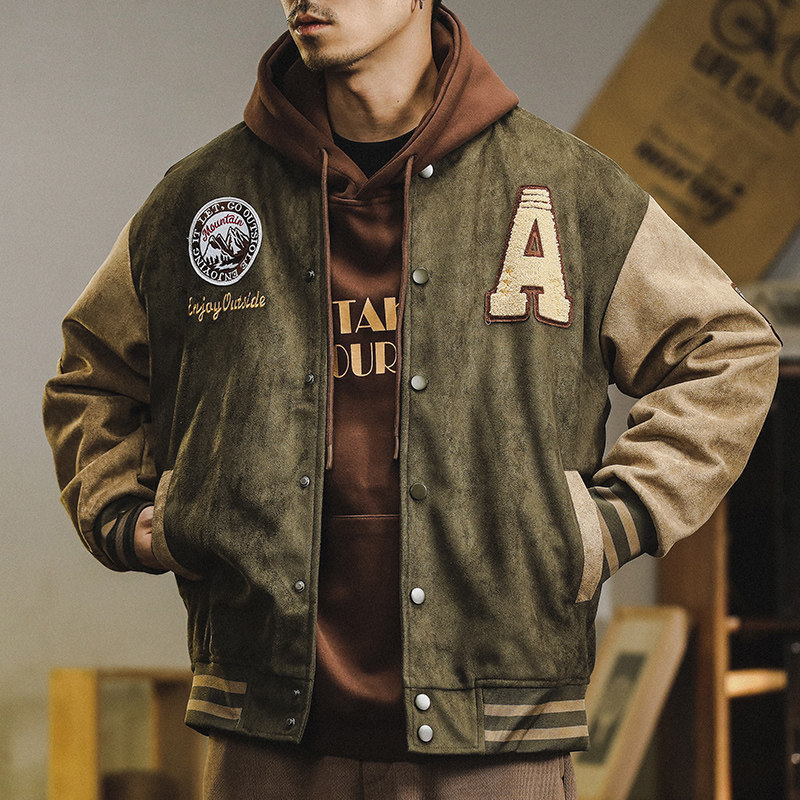 American retro aviator jacket for men, new autumn and winter men's coat, trendy heavy suede baseball jacket with added cotton American retro aviator jacket for men, new autumn and winter men's coat, trendy heavy suede baseball jacket with added cotton
