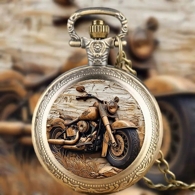 Vintage Copper Motorcycle Riding Design Men's Quartz Pocket Watch with World Time Function