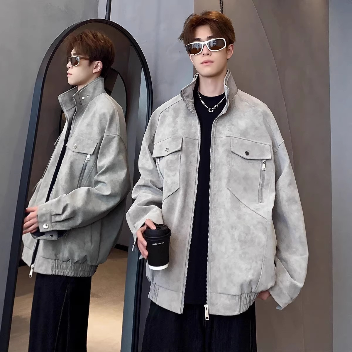 Flight Jacket, Men's Cool And Trendy Brand Stand Up Collar Workwear, PU Leather Jacket_voghion.com