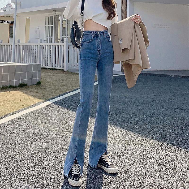 Retro Korean Style Slit Jeans for Women 2025 Spring and Summer High-Waisted Slim Stretch Slimming Look Split Floor-Length Flared Pants