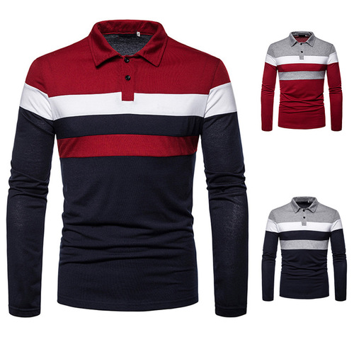 Men's Double-Color Patchwork Top with Lapel, Long-Sleeved Men's Polo Shirt in Spring and Autumn, Trendy British Style