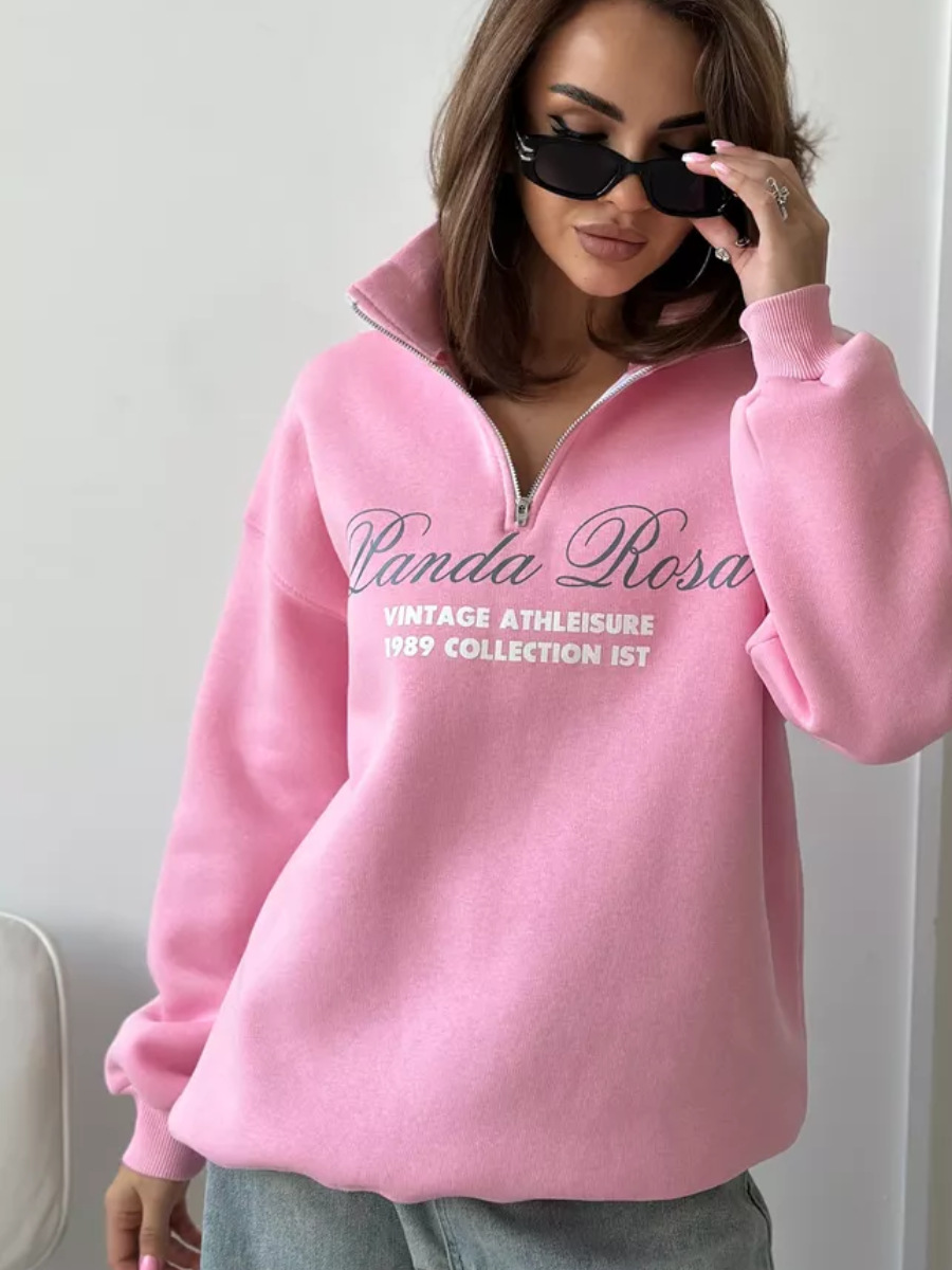 Felpa con cappuccio, mezza zip, calda, larga, foderata in pile, autunno-inverno, versatile, con stampa sul davanti_voghion.com