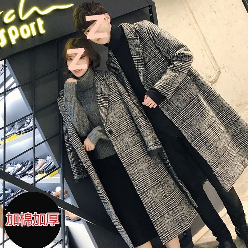2026新款秋冬装毛呢大衣情侣装中长款千鸟格子风衣男女呢料外套潮