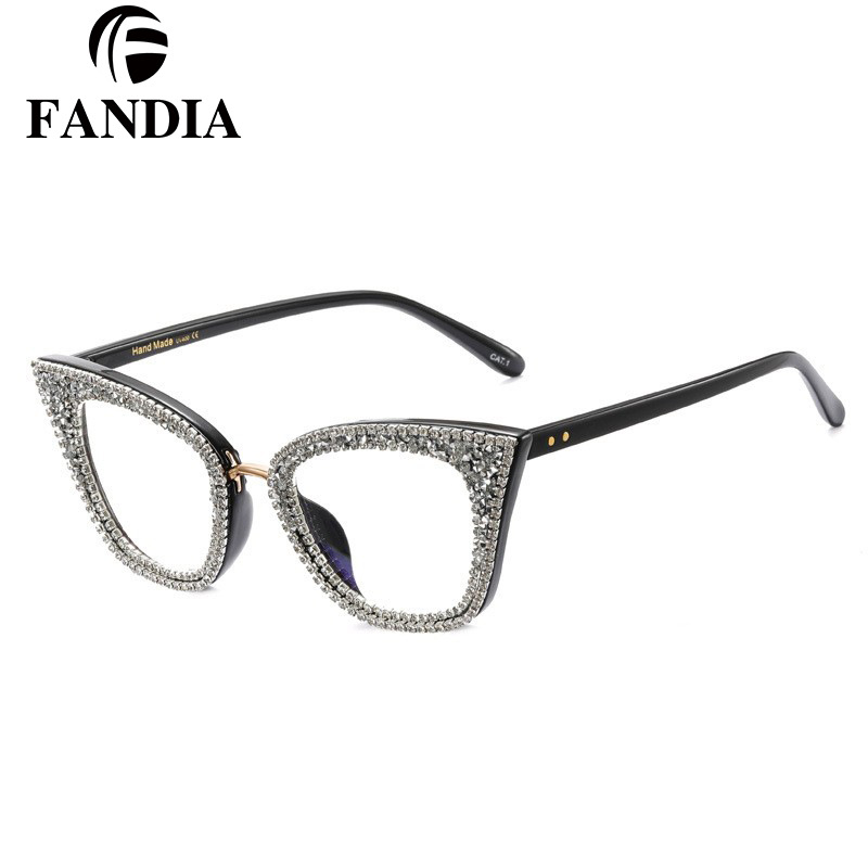 A97093 nueva moda ojo de gato anti-azul gafas de luz gafas ópticas de marco completo de moda punto diamante gafas lisas para mujeres