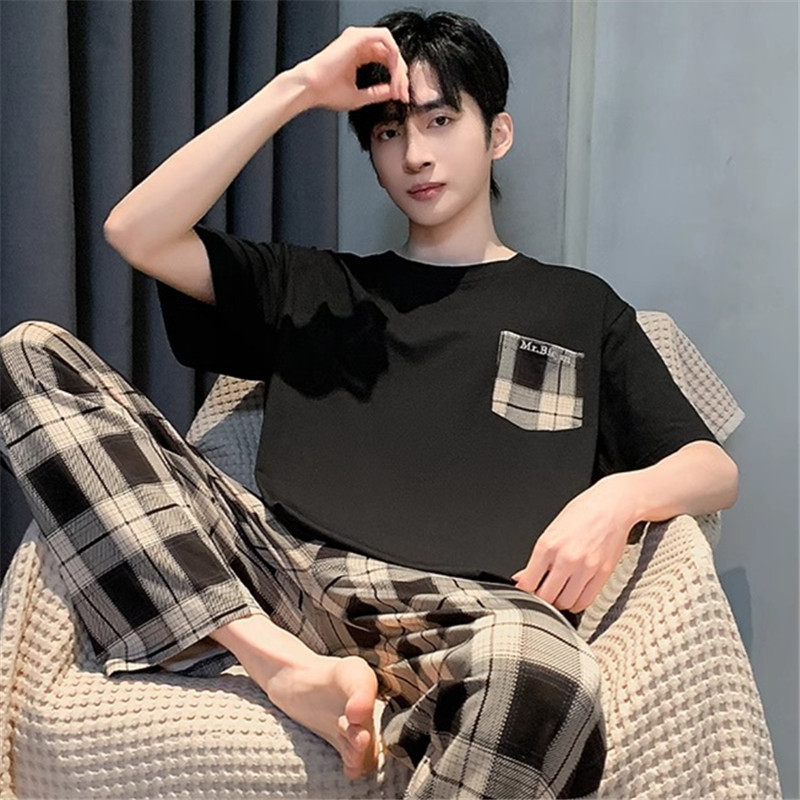 Short-Sleeved Trousers Casual Men's Pajamas Summer Imitation Cotton Pullover Loose Korean Style Sports Home Wear Set Cross-Border