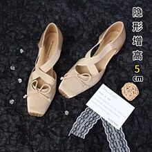 现货版~方头猪鼻子蝴蝶结法式芭蕾舞鞋镂空交叉带浅口内增高单鞋