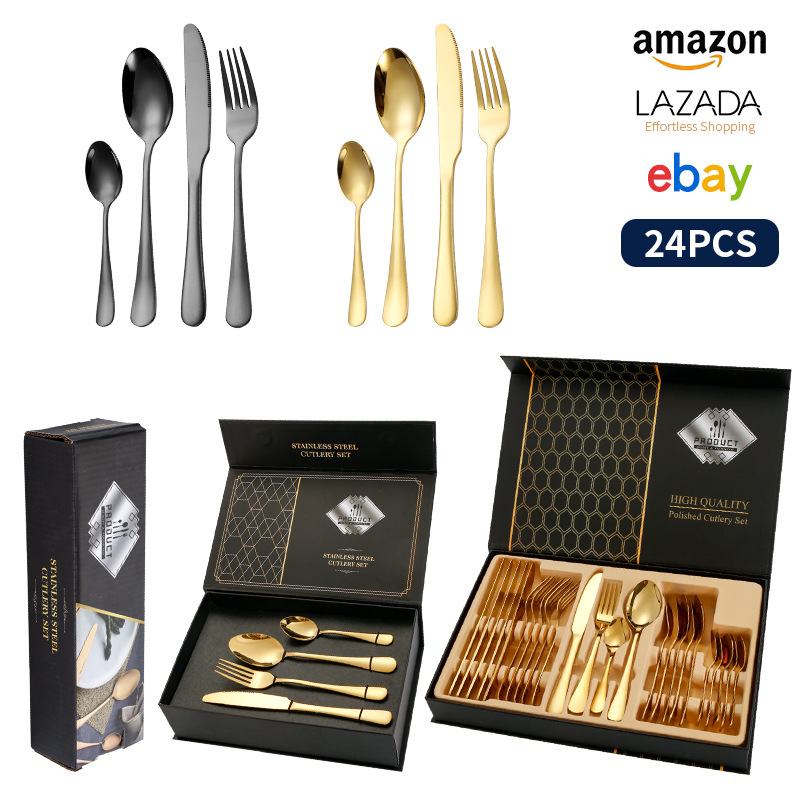 Cross-border Amazon stainless steel tableware 24-piece set knife fork spoon Western dinner steak knife fork gift set tableware set