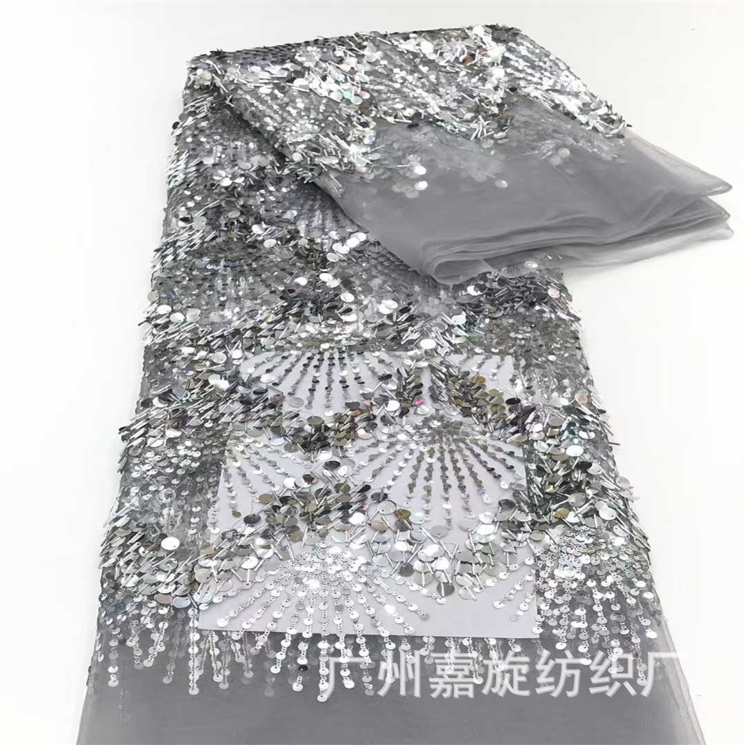 Vestido de fiesta largo de encaje con lentejuelas en forma de abanico, estilo europeo y americano, para pasarela, bodas y espectáculos, con tela bordada de lentejuelas.