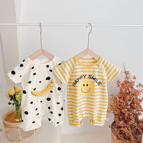Baby sling bag fart clothes 0-2 years old summer baby thin striped jumpsuit baby smiley face khaki trendy ML219