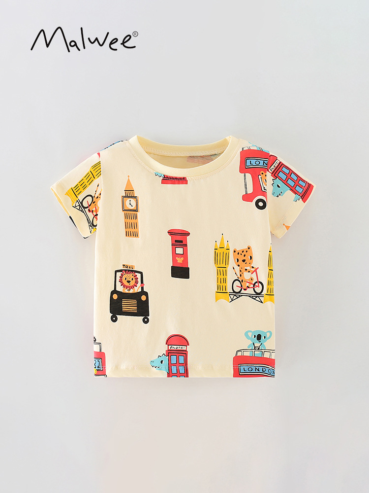 Malwee camiseta de los muchachos del verano nuevo estilo occidental impreso cuello redondo manga corta ropa de los niños europeos y americanos top