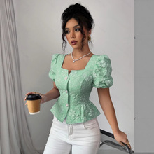蕾丝短袖衬衫女新中式收腰短款上衣2025新款爆款国风雪纺小衫夏季