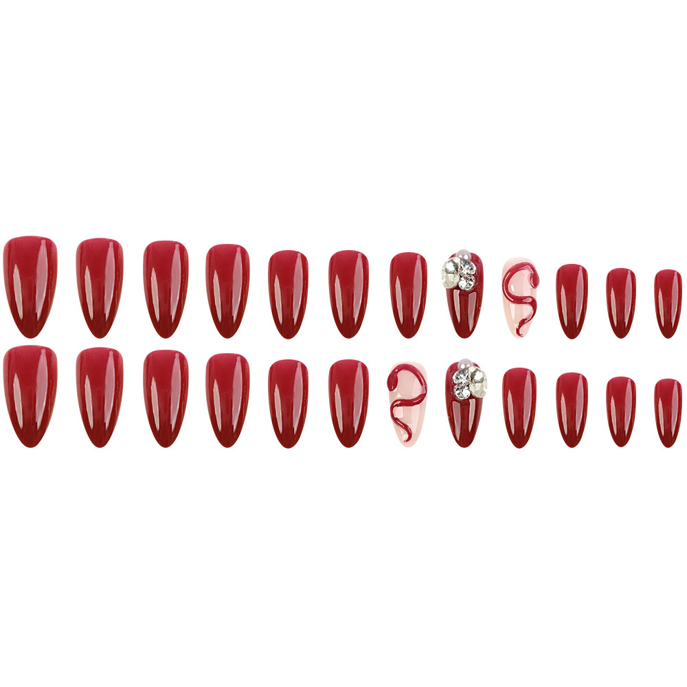 Arte de uñas 3D hecho a mano con fototerapia, arte de uñas con diseño de serpiente color borgoña, pegatinas de uñas cuadradas con diamantes de imitación, 24 piezas. image 6