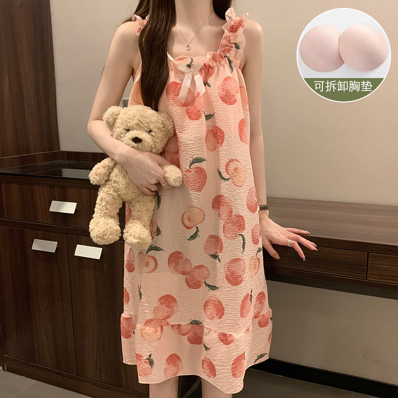 Pijama de caballeta de verano de mujer nuevo dulce burbuja arrugado lindo melocotón con almohadilla de pecho estudiante pijama casero