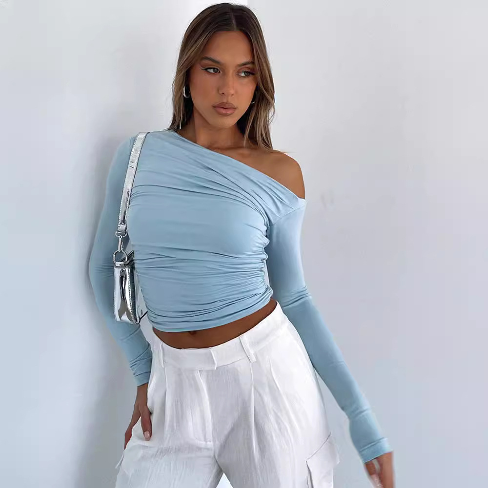 Transfronterizo Amazon europeo y americano de las mujeres de hombro asimétrico de color sólido ombligo superior de manga larga Sexy Slim temperamento camiseta image 5