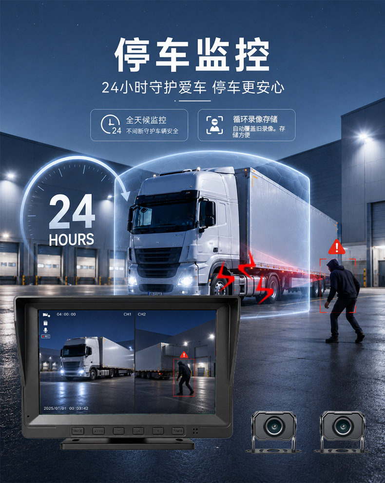 High-definition dual-channel monitoring truck dashcam for forklifts, construction vehicles, and dump trucks with front and rear dual recording