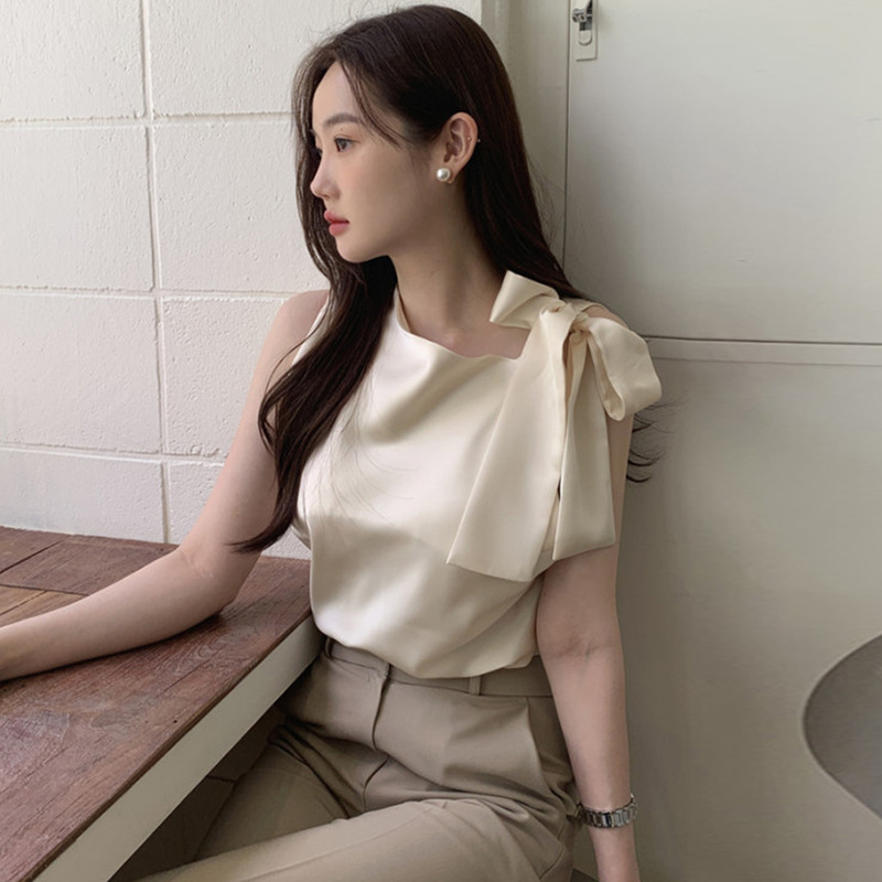Korean chic Summer Elegant All-match Leaky Shoulder Bow Lace-up Design Niche Sleeveless Satin Shirt Women