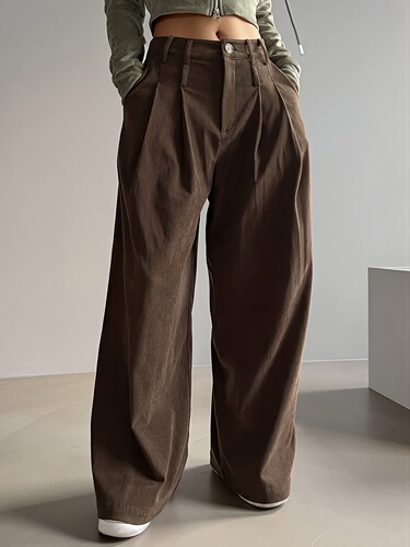 Retro brown corduroy wide-leg pants cross-border women's high-waist pleated pants draping and slimming Amazon spring and summer