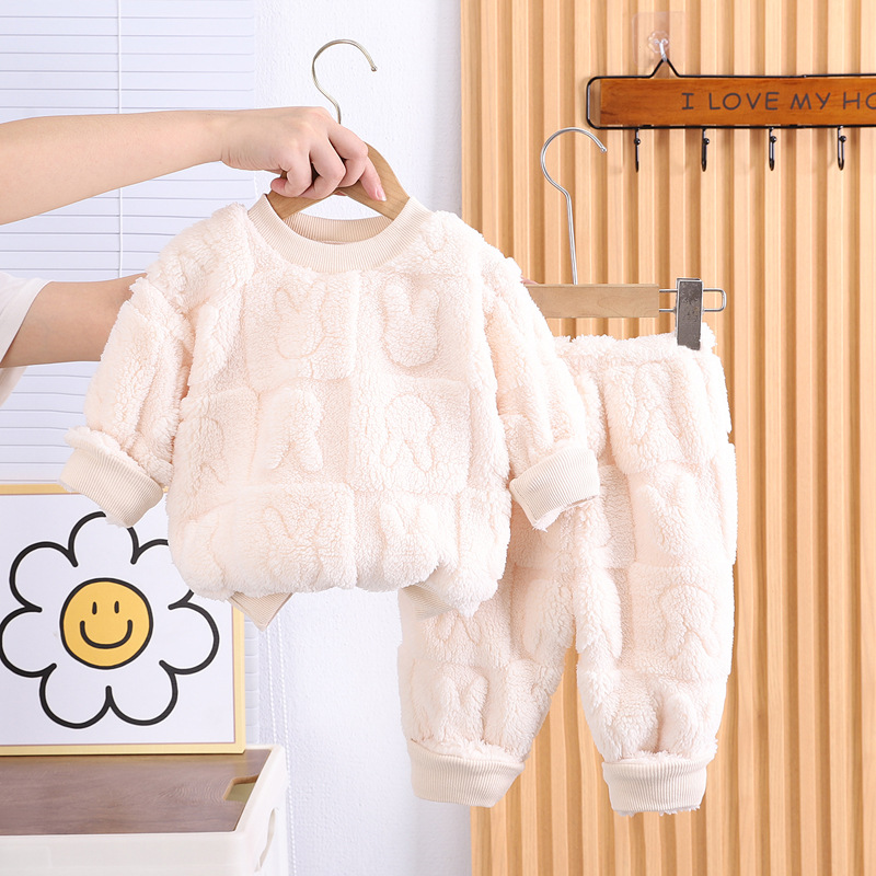 Niños y niñas 2023 nuevo forro polar grueso jacquard cuello redondo pijamas traje de manga larga bebé cálido hogar desgaste conjunto de dos piezas