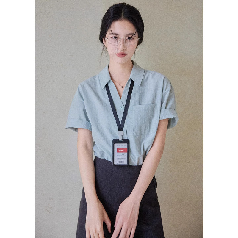 Eryang [Fangxia] Blue Short-Sleeve Shirt for Women, French Style, Elegant Commuter V-Neck Shirt, Summer Cotton-Feel Top