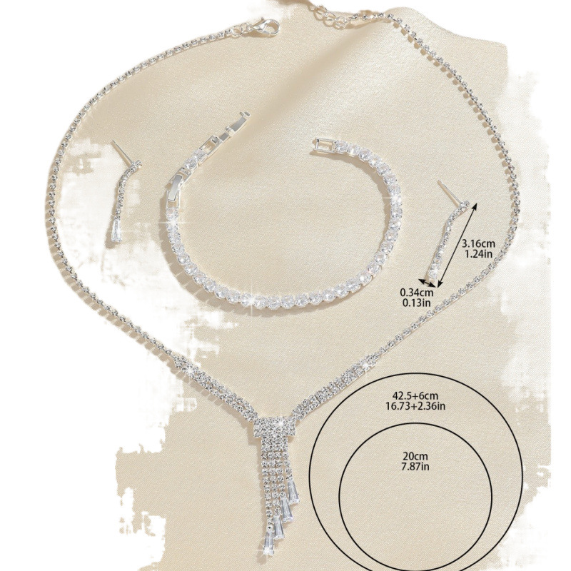 Conjunto de novia de tres piezas, collar, pendientes, cadena de estrás, joyería para banquetes_voghion.com