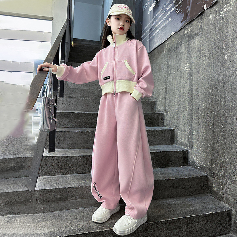 Autumn new children's stand collar zipper sweater pants suit small and medium girls candy color fashion casual two-piece set Autumn new children's stand collar zipper sweater pants suit small and medium girls candy color fashion casual two-piece set