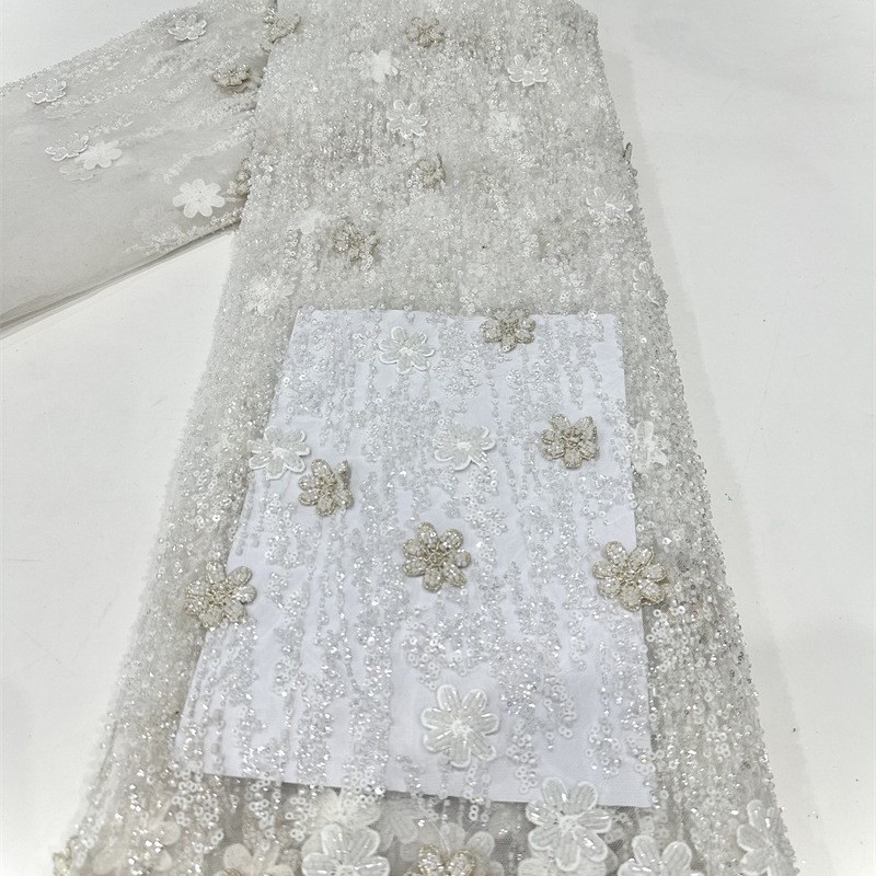 Multicolor decalca hecha a mano tubo de perlas bordado tela de malla pequeña cena de hadas fresca vestido de boda tela de vestido