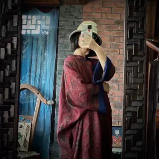 落古泥复古仿香云纱印花亚麻盘扣中式长袍裙衣1892花骨
