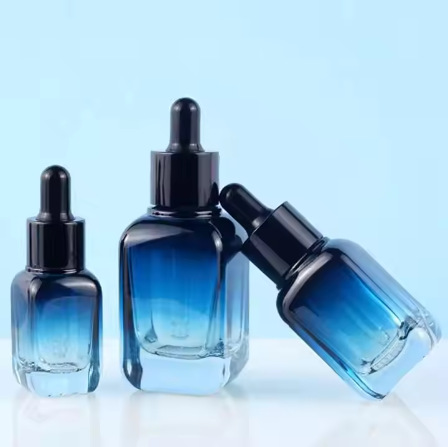 厂家新款30ml渐变蓝精油瓶50ML四方厚底滴管瓶精华液化妆品玻璃瓶