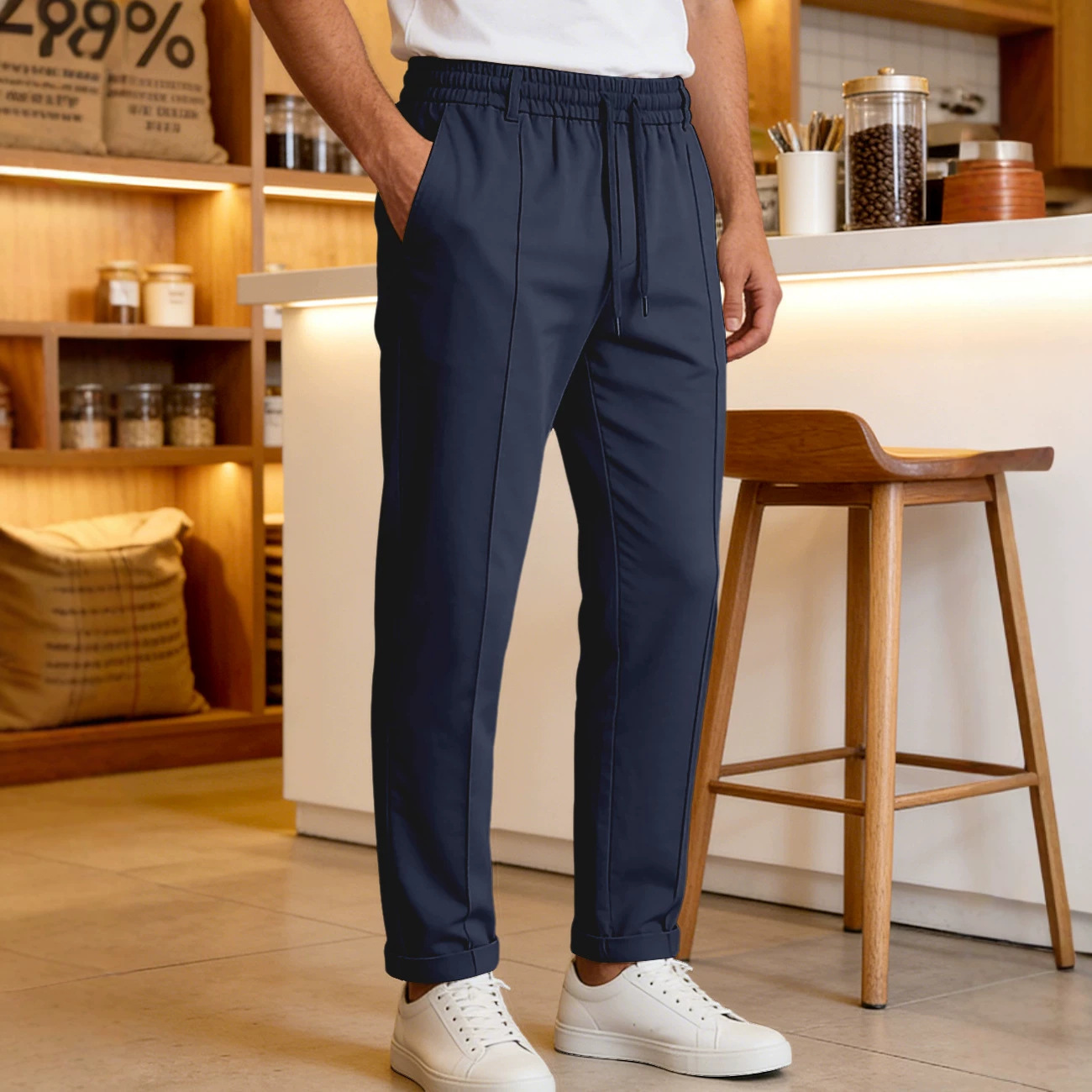 Europa y Estados Unidos ropa de hombre transfronteriza de verano suelta transpirable cintura alta correa de algodón twill tela de tejido americano pantalones casuales
