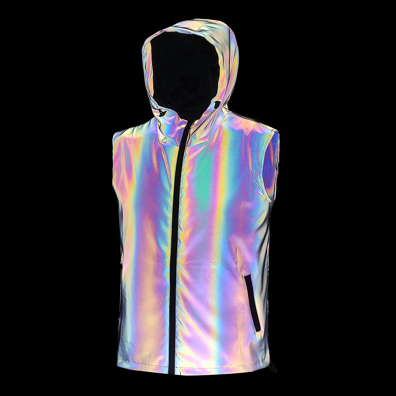 Men's Hooded Colorful Vest Jacket Fashion Street Cycling Outdoor Reflective Vest Men's Clothing Cross-Border European and American Sizes Men's Hooded Colorful Vest Jacket Fashion Street Cycling Outdoor Reflective Vest Men's Clothing Cross-Border European and American Sizes