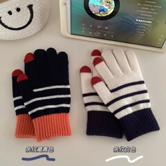 ins Japanese striped color-blocking knitted gloves, winter outdoor warm student gloves with touch screen, trendy couple gloves