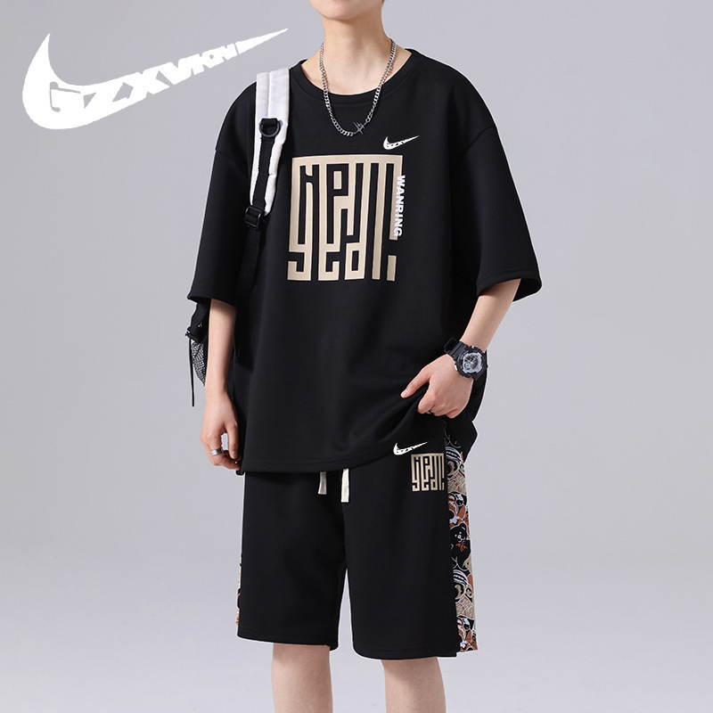 Summer Thin Korean-Style Casual Letter-Print Set for Men, Trendy Brand Round-Neck Short-Sleeve Hong Kong Style Sportswear Two-Piece Set Summer Thin Korean-Style Casual Letter-Print Set for Men, Trendy Brand Round-Neck Short-Sleeve Hong Kong Style Sportswear Two-Piece Set