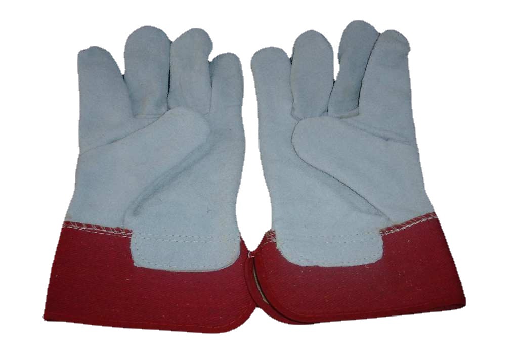 厂家直销牛二层皮帆布劳保手套，防割防刺穿建筑用耐磨手套