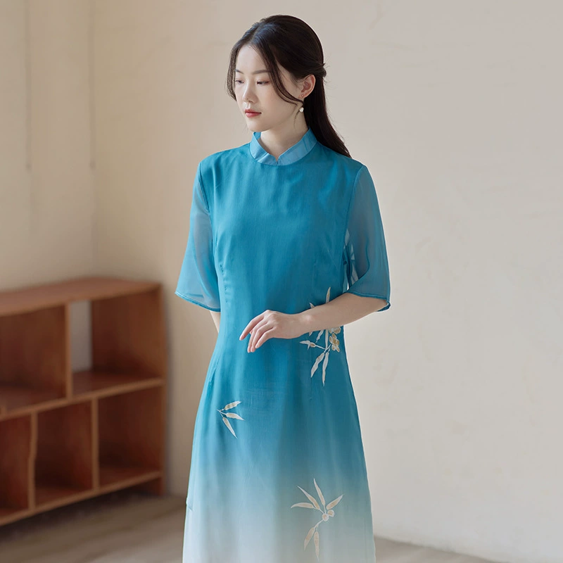 Женское платье-ципао в стиле ретро, улучшенная модель, весна-лето 2024, для занятий чайной культурой, танцев, из шифона, с коротким рукавом