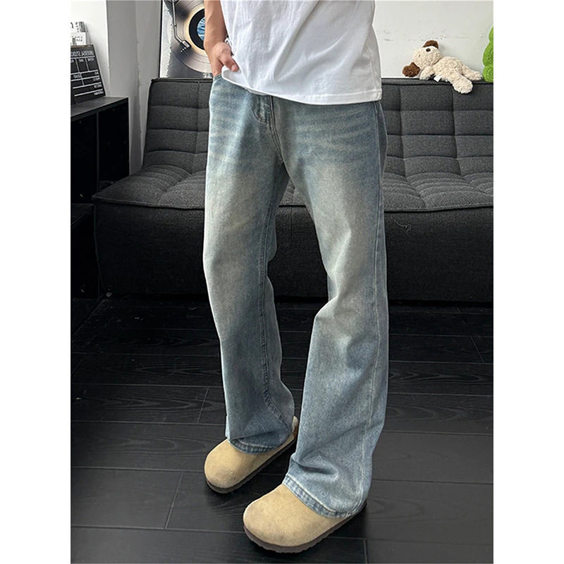 American High Street Vibe High Waist Pants Men's Spring Retro Blue Scimitar Jeans Washed Straight Pants_viptrois.com