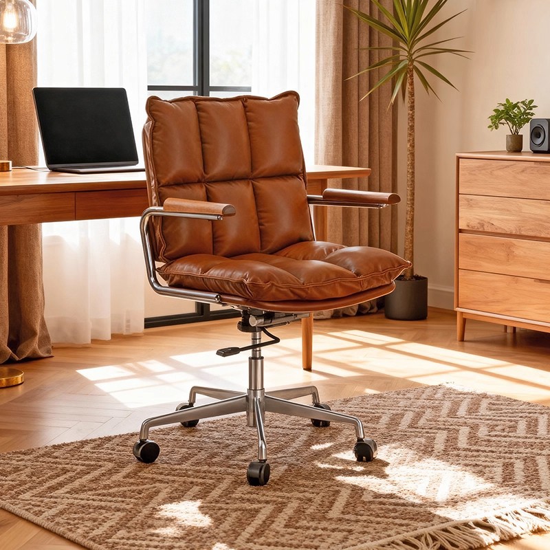 Retro Genuine Leather Office Chair Boss Chair Study Conference Room Home Office Liftable Rotating Computer Chair Backrest Chair