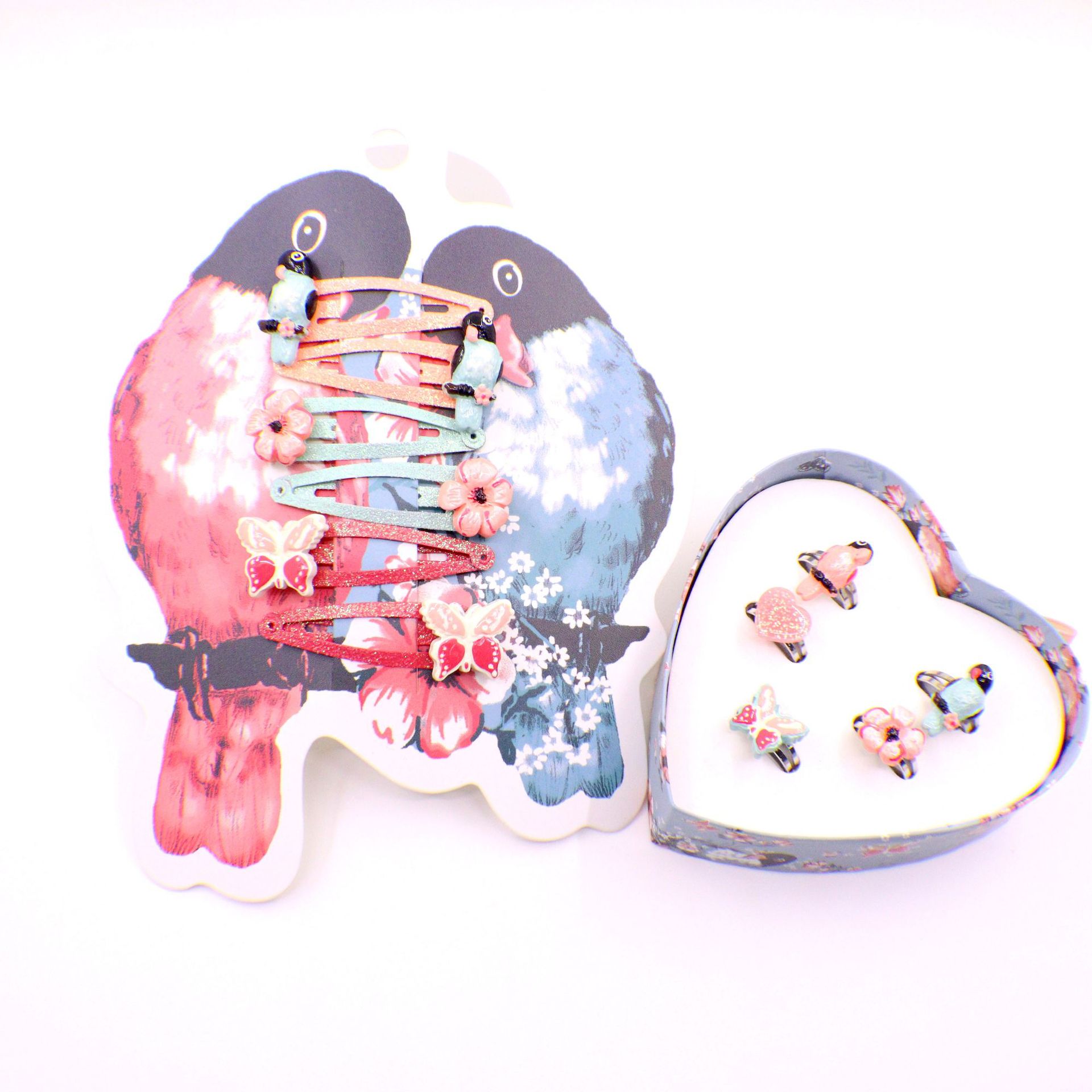 Cross-border resin hairpin children's ring cute animal parrot butterfly flower pair clip bangs clip spring color set