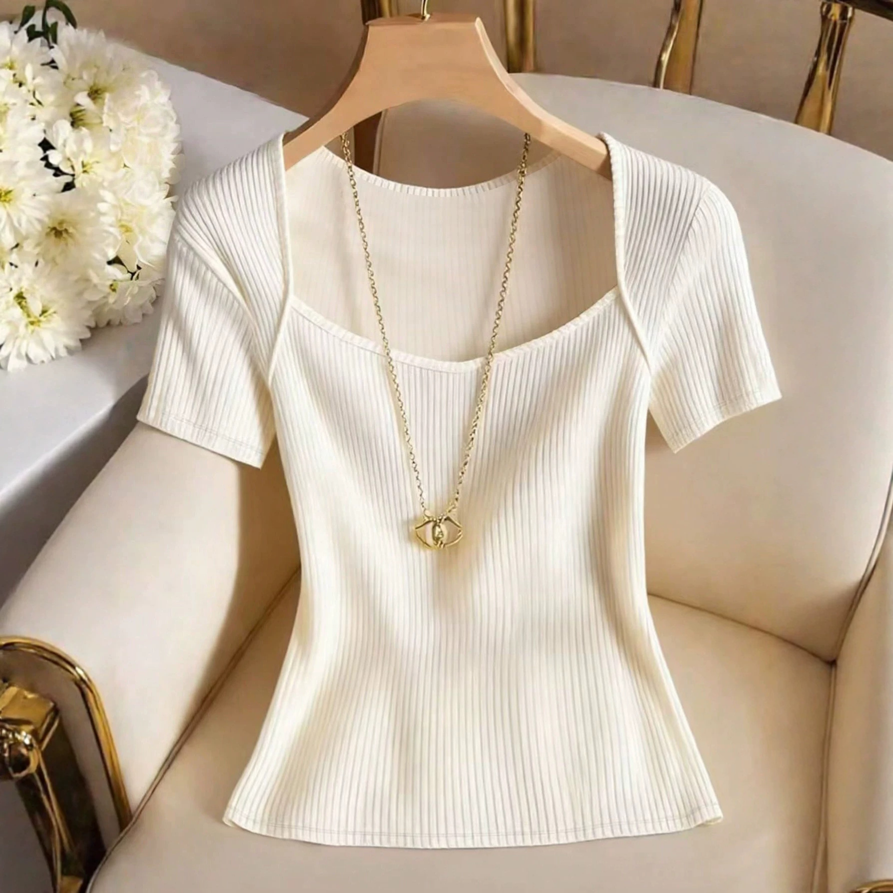 New Summer Women's Slim Fit T-Shirt Elegant European American Style Apricot Square Neck Short Sleeve Patchwork Casual Top_ecoleips.com