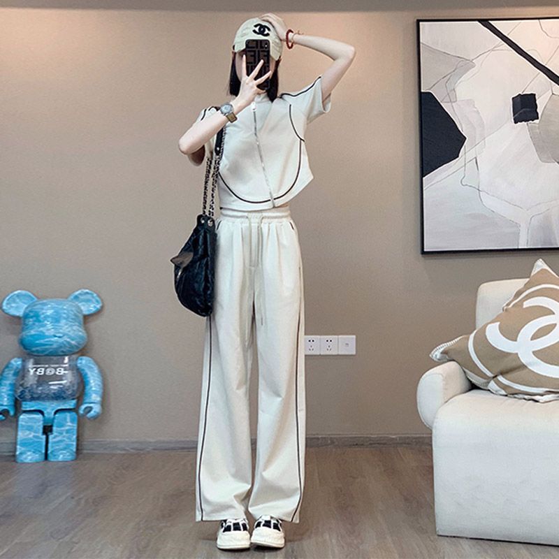 Design Sense Casual Sports suit Women's Summer Tight Waist Zipper Short-sleeved Street Wide-leg Pants Two-piece Fashionable Set