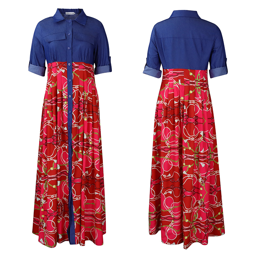 Abito da sera lungo da donna con stampa e dettagli in denim_voghion.com