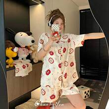 可爱卡通烟花小苹果睡衣女夏季梭织短袖短裤长裤三件套薄款家居服
